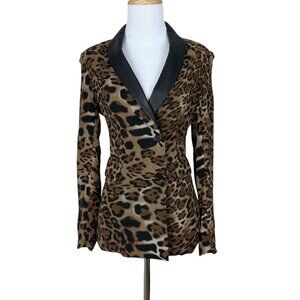 Stones‎ Blazer Jacket Womens XS Brown Black Leopard Print Faux Leather Collar